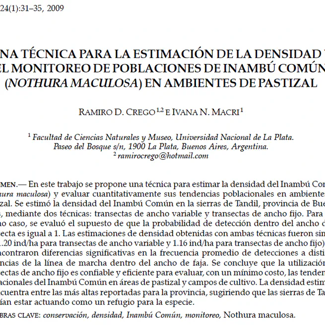 Una técnica para la estimación de la densidad y el monitoreo de poblaciones de inambú común (Nothura maculosa) en ambientes de pastizal