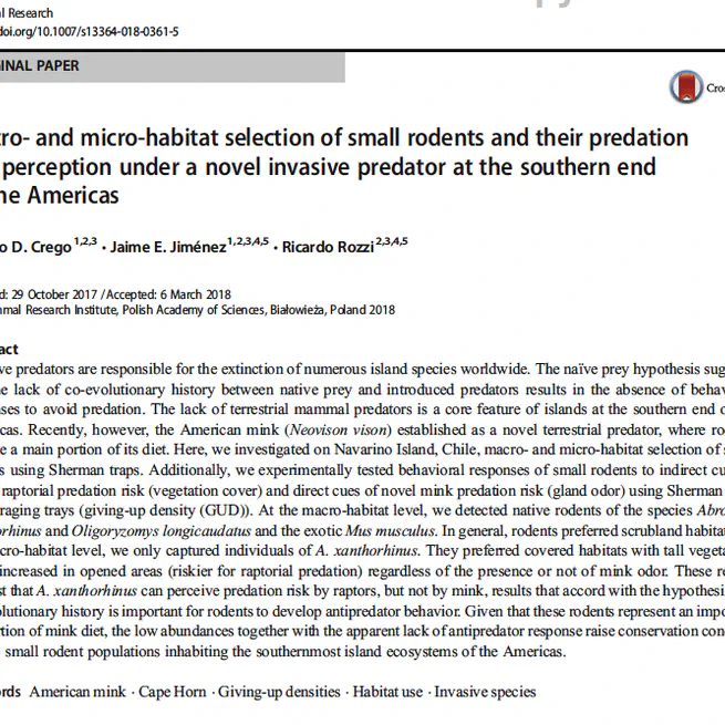 Macro- and micro-habitat selection of small rodents and their predation risk perception under a novel invasive predator at the southern end of the Americas