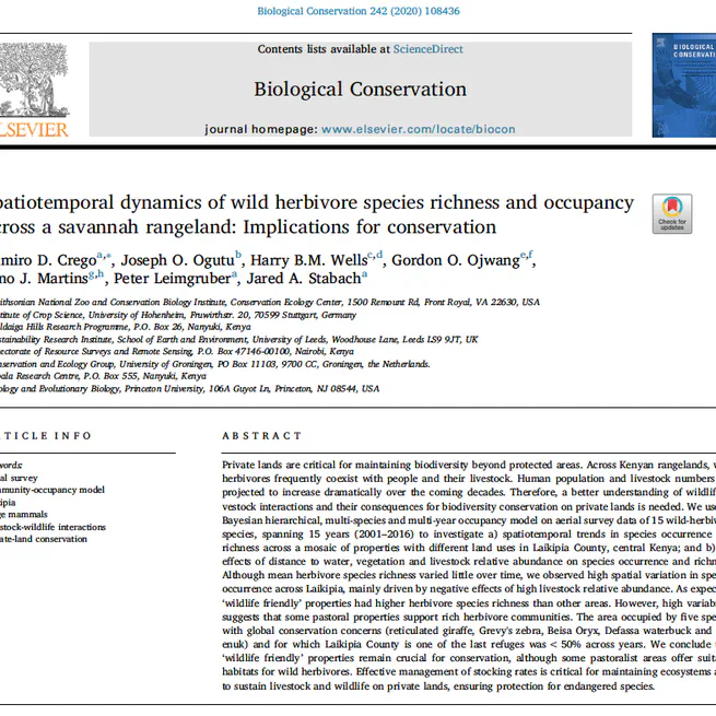 Spatiotemporal dynamics of wild herbivore species richness and occupancy across a savannah rangeland: Implications for conservation