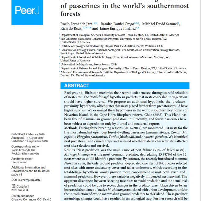 Nest-site selection and breeding success of passerines in the world’s southernmost forests