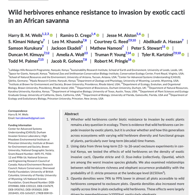 Wild herbivores enhance resistance to invasion by exotic cacti in an African savanna