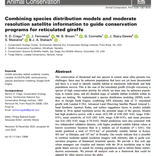 Combining species distribution models and moderate resolution satellite information to guide conservation programs for reticulated giraffe