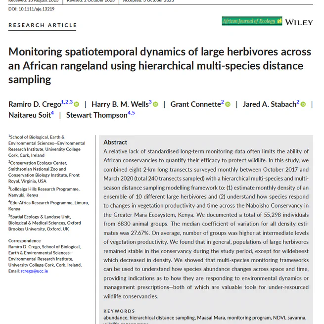 Monitoring spatiotemporal dynamics of large herbivores across an African rangeland using hierarchical multi‐species distance sampling