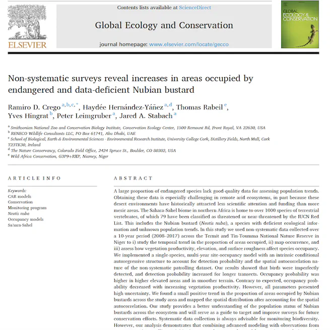 Non-systematic surveys reveal increases in areas occupied by endangered and data-deficient Nubian bustard