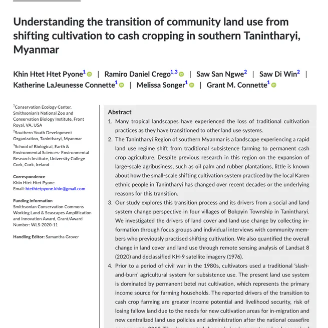 Understanding the transition of community land use from shifting cultivation to cash cropping in southern Tanintharyi, Myanmar