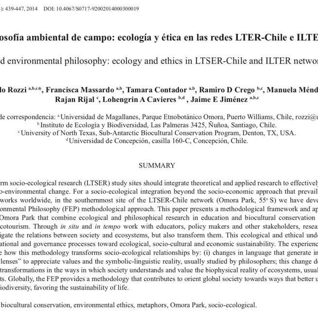 Filosofía ambiental de campo: ecología y ética en las redes LTER-Chile e ILTER