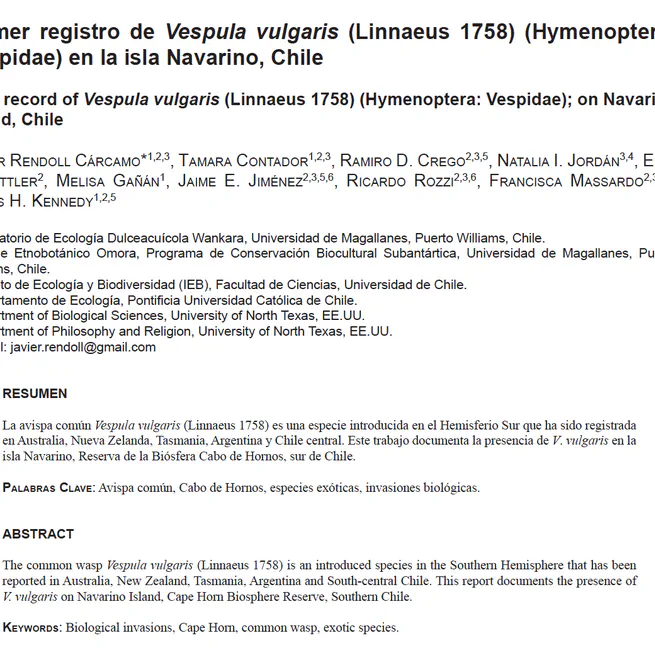 Primer registro de Vespula vulgaris (Linnaeus 1758) (Hymenoptera: Vespidae) en la isla Navarino, Chile