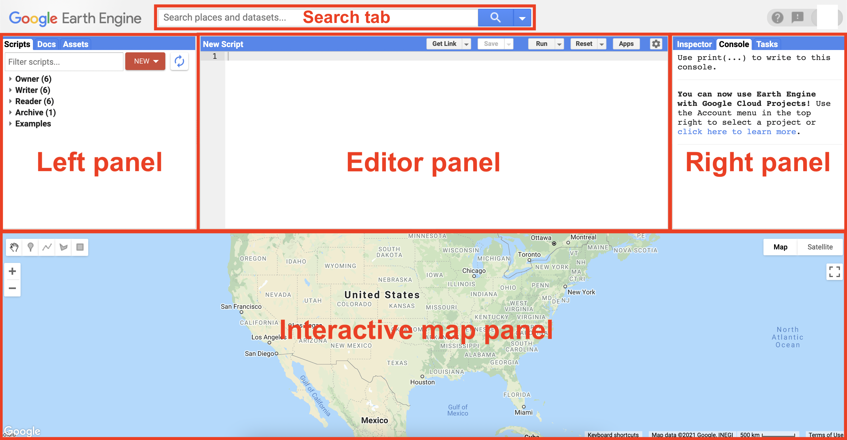 Figure 1. Google Earth Engine is a web-based environment that consists on four main panels.