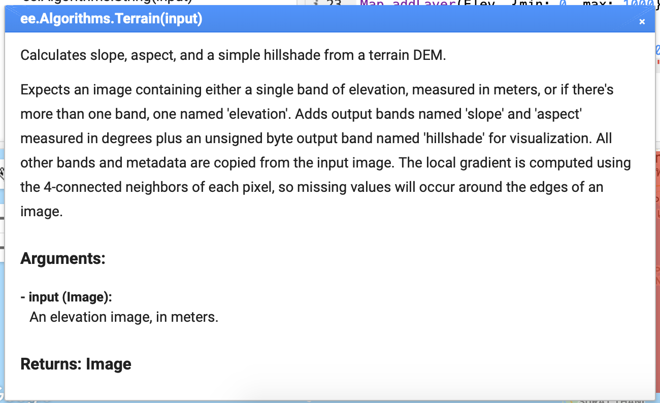 Figure 4. View of the ee.Algorithms.Terrains description in the Docs tab.