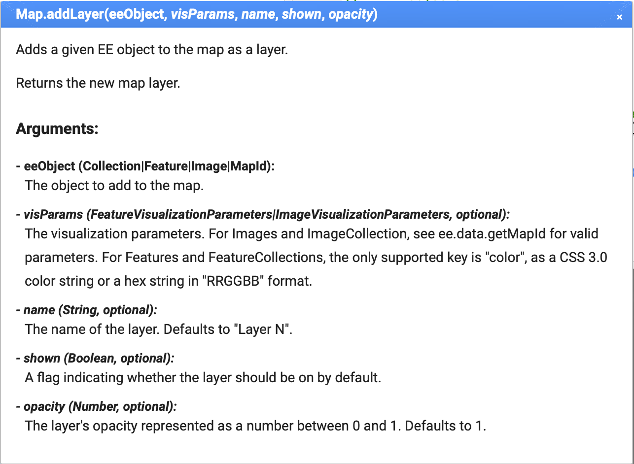 Figure 5. Description of the Map.addLayers function.