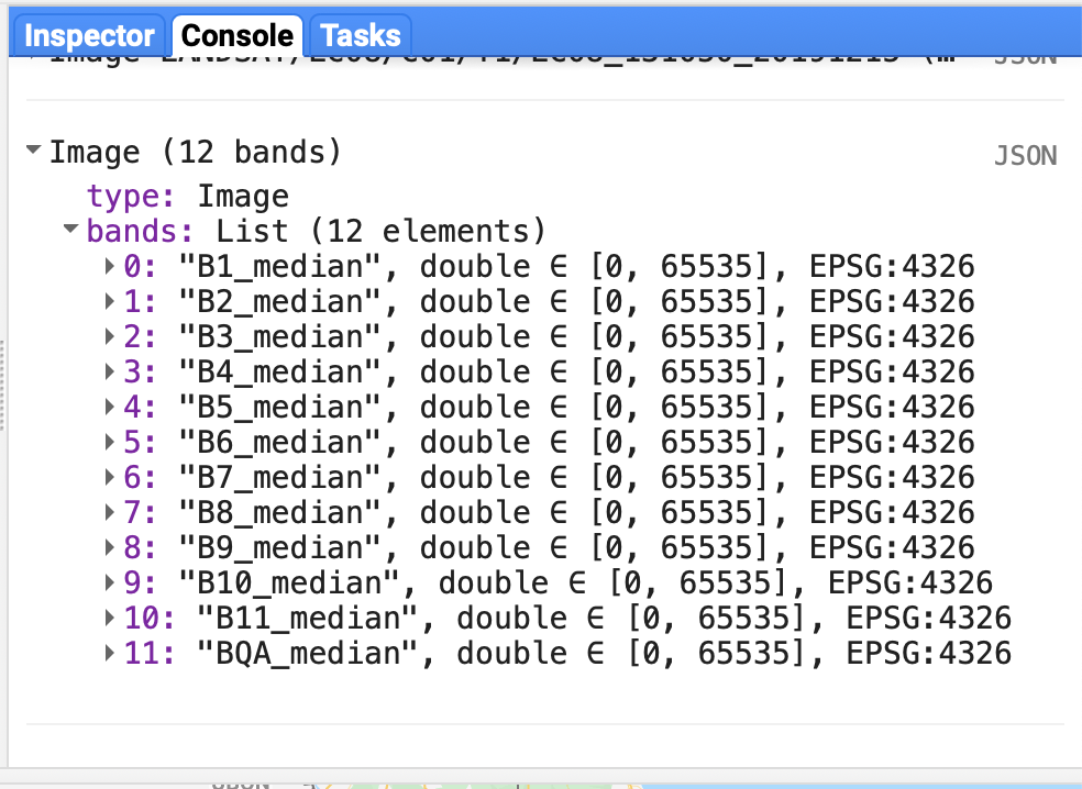 Figure 6. Band names for the mosaic after applying a median reducer.