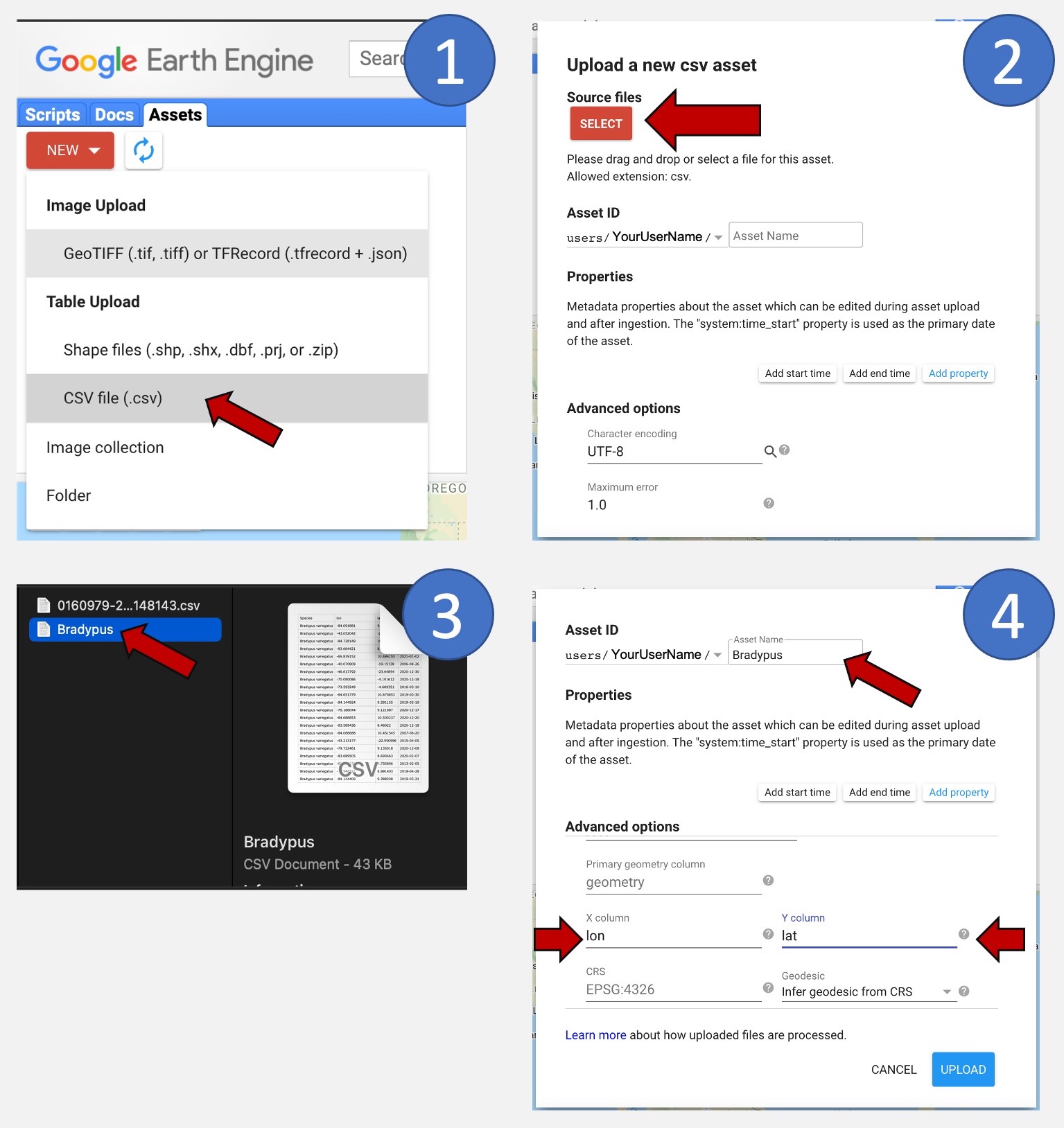 Figure 1. Steps for uploading assets to Google Earth Engine. 1) Click ‘New’ under the Assets tab and then select ‘CSV file (.csv)’. 2) Click ‘SELECT’. 3) Browse and select the file from your computer. 4) Provide a name for the asset and the names of the columns containing coordinates in degrees.