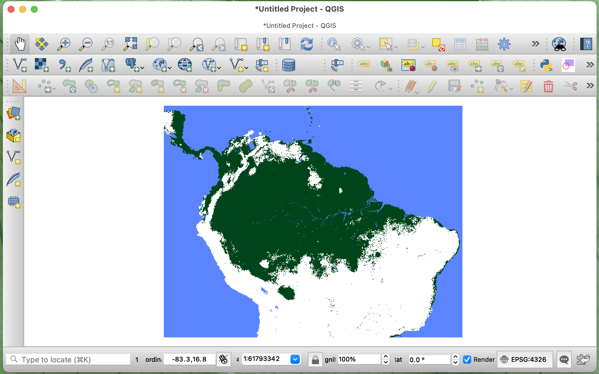 Figure 10. Potential distribution of Bradypus variegatus calculated using a custom threshold. The final map was exported to Google Drive and displayed using QGIS.