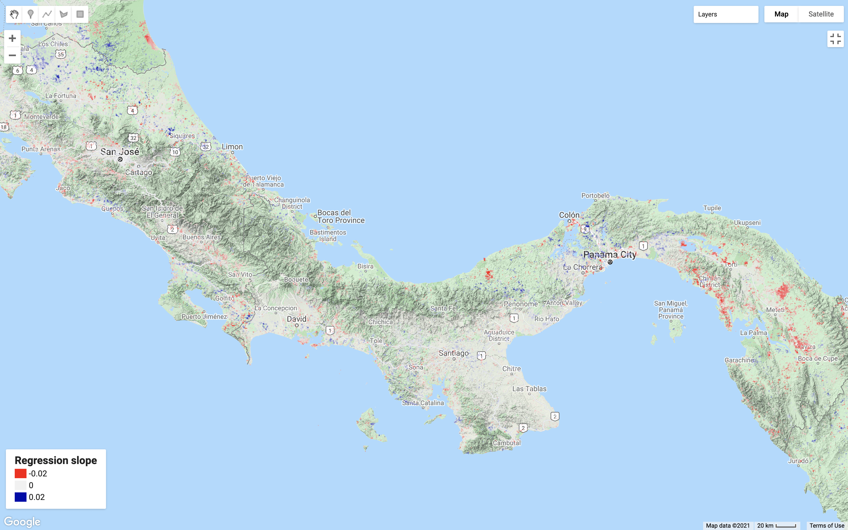 Figure 16. Regression slope values show areas with positive (blue) to negative (red) trends in habitat suitability change between 2000 and 2019 for Cebus capucinus. Only pixels with significant trends are shown.