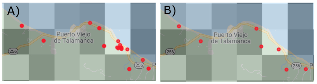 Figure 2. Example of presence point filtering. A) Original dataset; B) Final dataset with only one presence point retained per pixel.