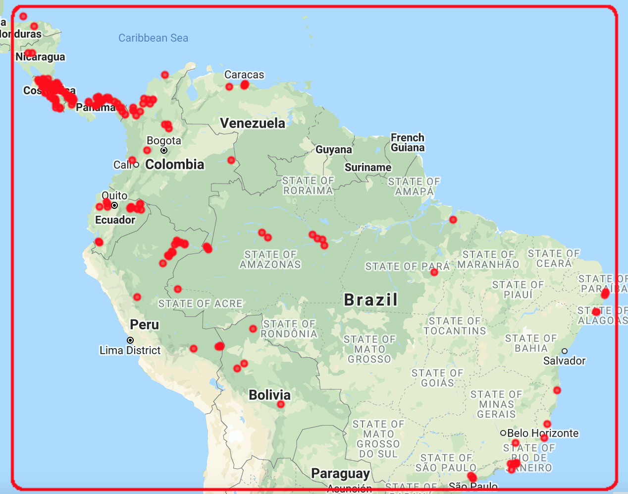 Figure 5. This figure shows the area of interest, which was defined as a 100 km buffer around the bounding box containing all presence locations.