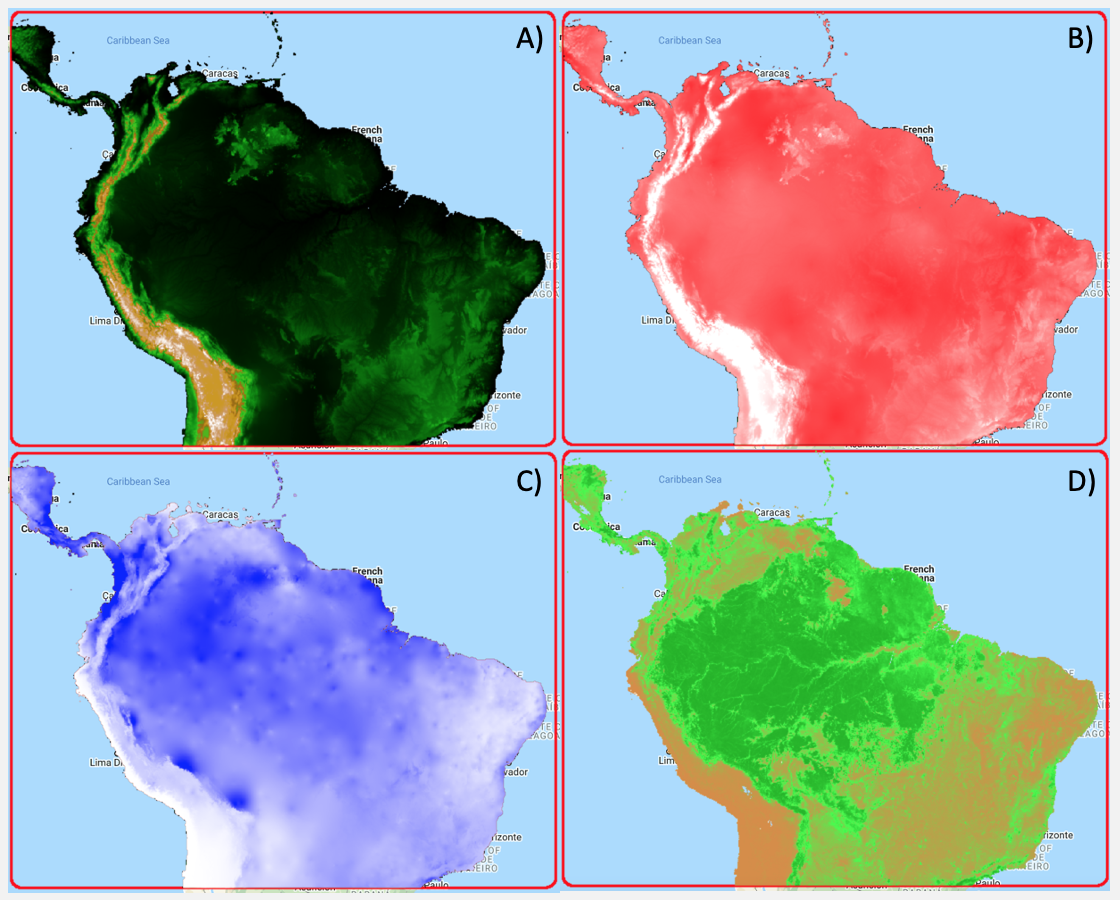 Figure 6. Examples of predictor variables. A) Elevation; B) Temperature seasonality; C) Annual precipitation; D) Median percentage of tree cover between 2003 and 2020.