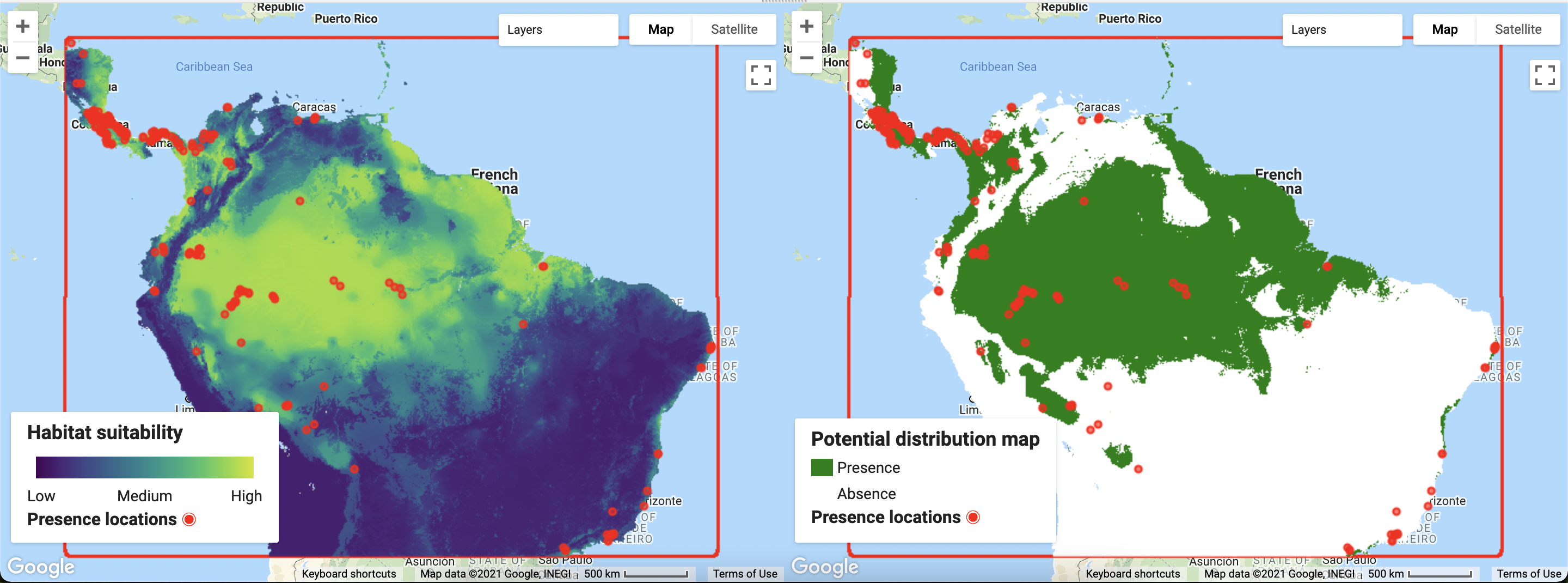 Figure 9. Visualization of predicted habitat suitability and potential distribution of Bradypus variegatus.